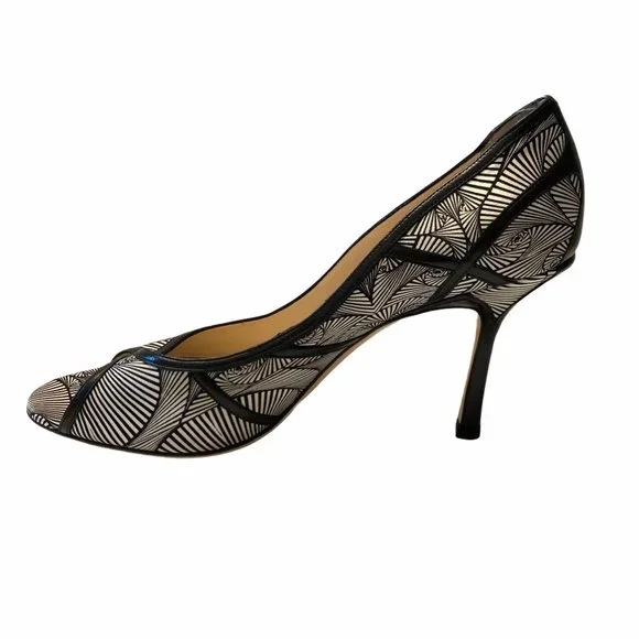 Jimmy Choo Hardy Silk Peep Toe Pumps Art Deco Print Nappa Leather 40.5 1…